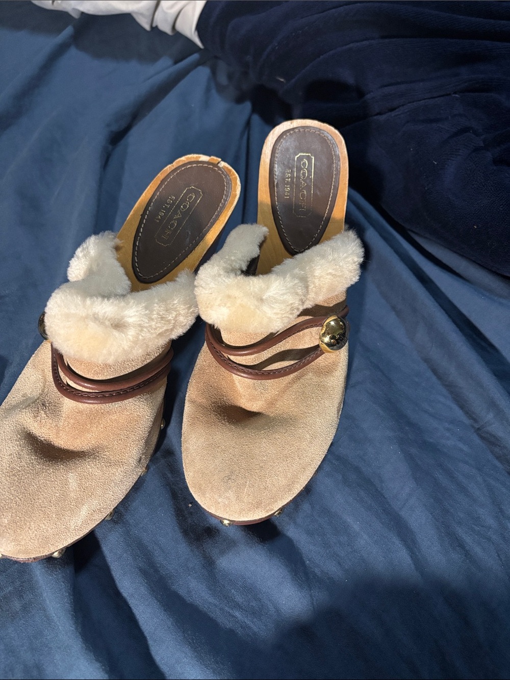 Coach Ivanka Tan Suede Mules with Cream Shearling and Brown Leather Trim